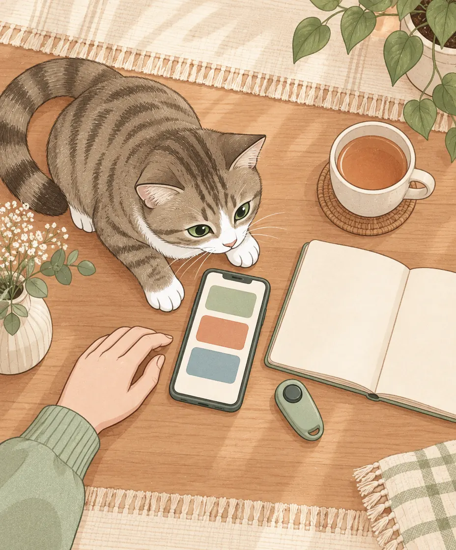 An overhead view of a curious tabby beside a phone with abstract cards, an open blank notebook, and a sage clicker.