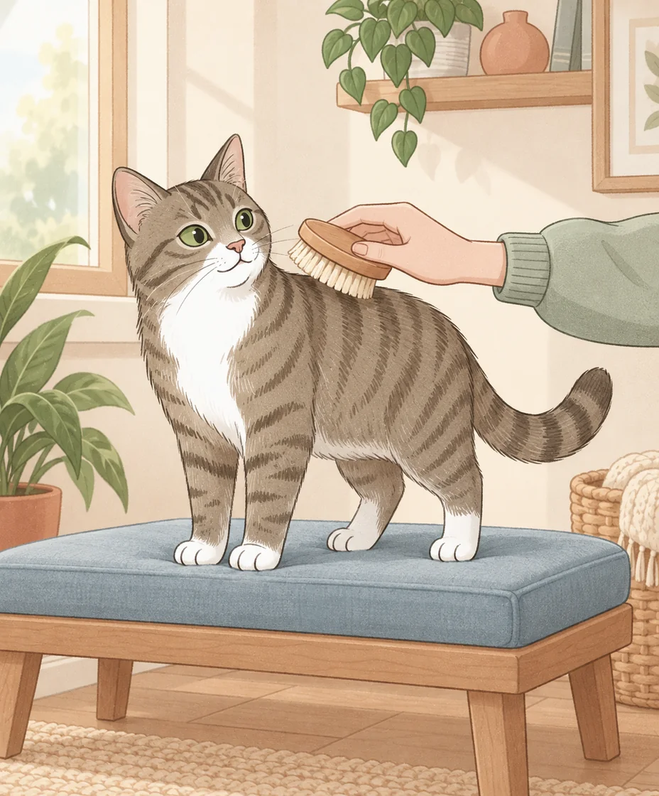 A tabby stands freely on a blue-cushioned bench while a sage-sleeved hand holds a soft wooden brush against its shoulder.