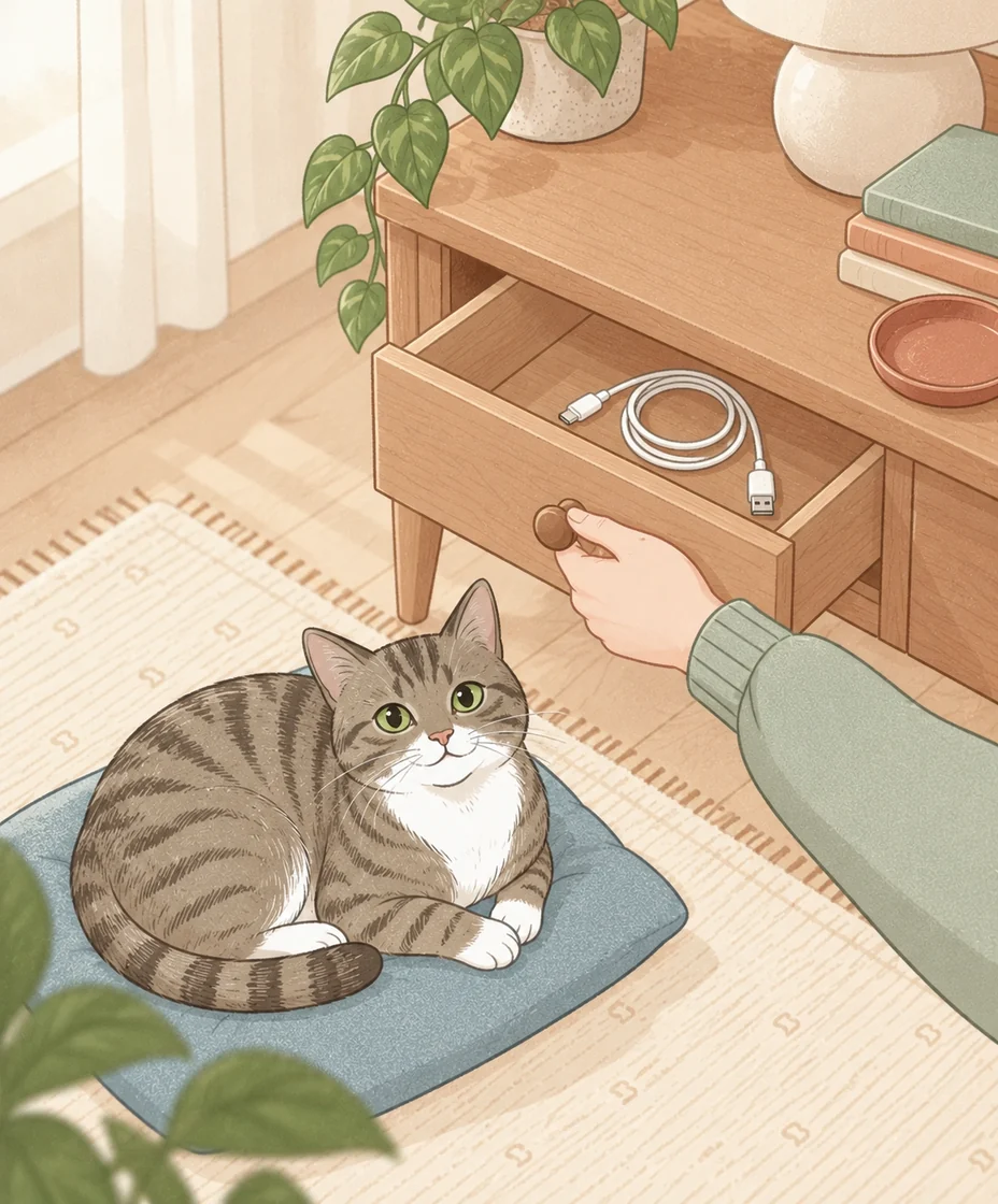 A hand closes a wooden drawer containing a disconnected charging cable while a tabby rests on a blue cushion below.