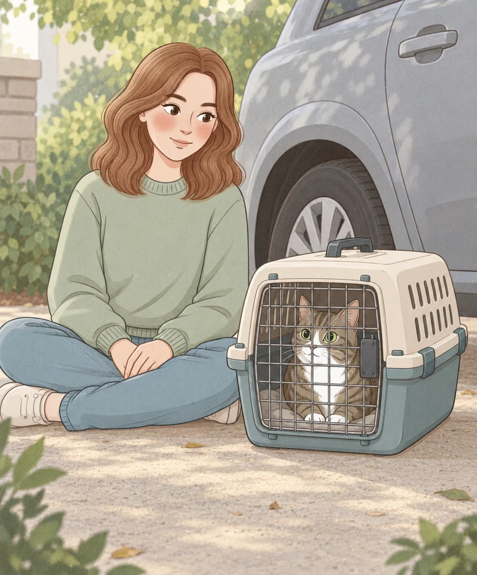 A tabby cat in a closed, latched carrier beside a parked car while a woman sits nearby.