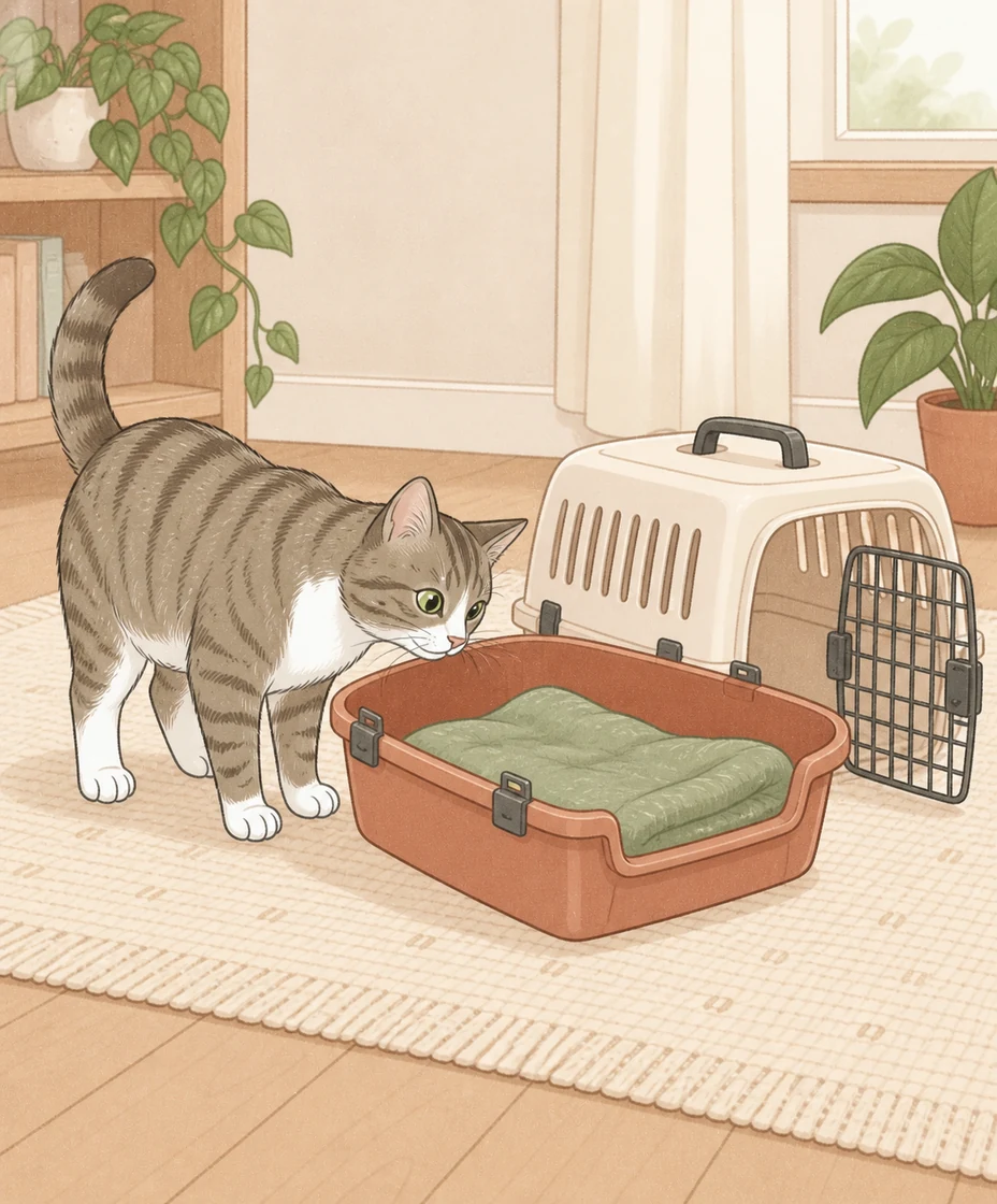 A tabby investigates an open carrier base beside its detached top.