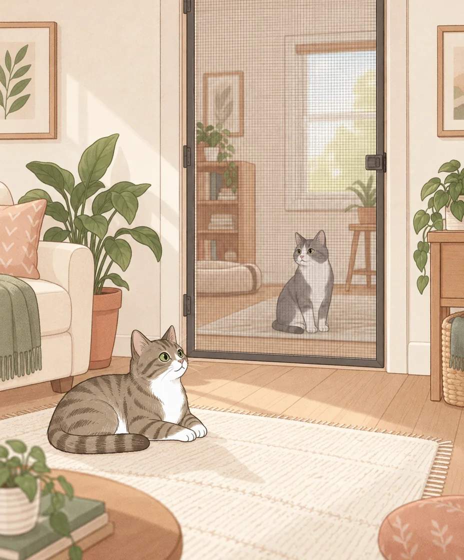 A brown tabby rests on a rug while a grey-and-white cat sits farther away in a separate room behind a closed mesh screen door.