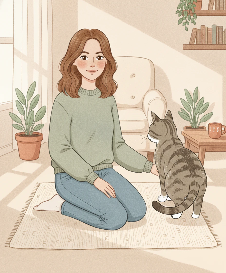 A grey-brown tabby with a white chest stands on a rug and turns to look at a woman kneeling a short distance away.