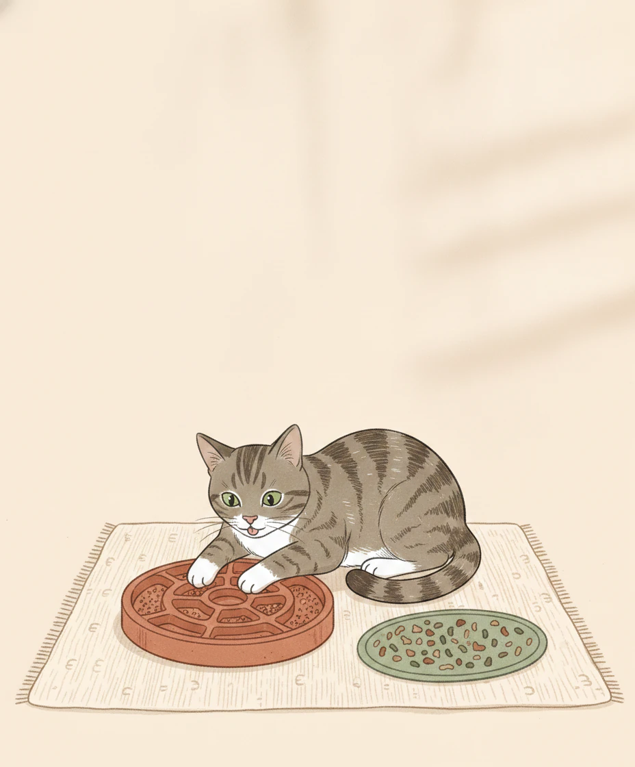 A grey-brown tabby cat with a white chest and paws lies on a rug, pawing at a round food puzzle, with a lick mat of food beside it.