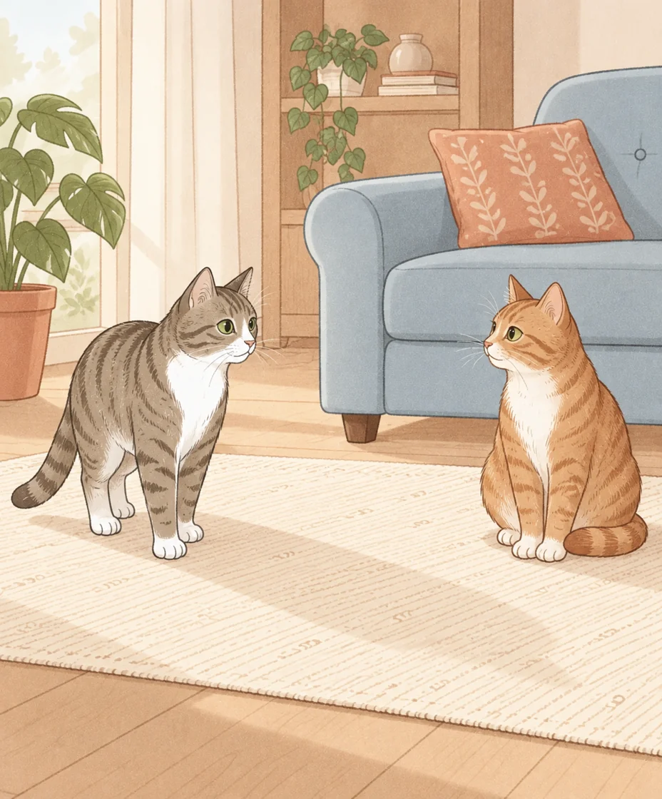 A grey tabby stands opposite a seated ginger cat on a cream rug, with open space between them and a blue sofa behind.