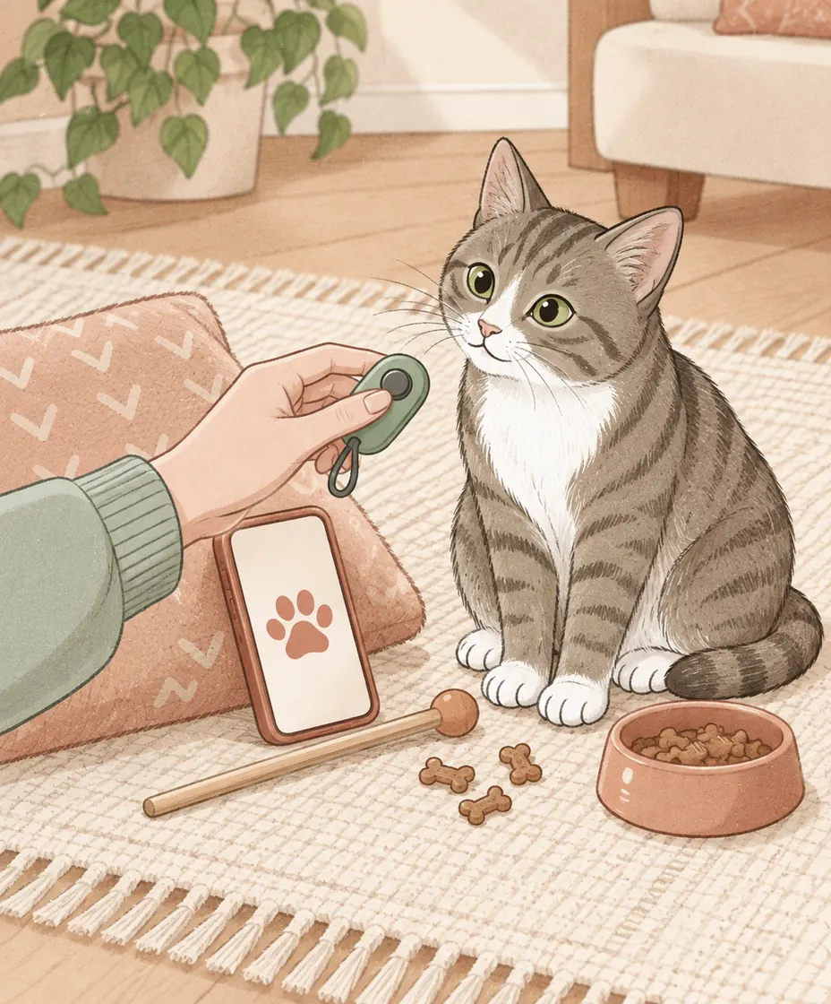 A woman picks up a sage clicker beside a tabby, a wooden target stick, and a phone showing a simple paw button.