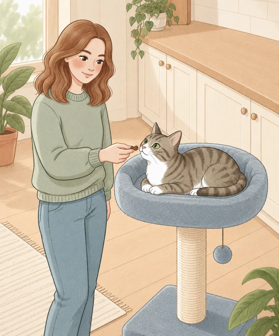 A tabby rests on a blue cushioned cat-tree platform while a standing person offers a small reward beside an empty kitchen worktop.