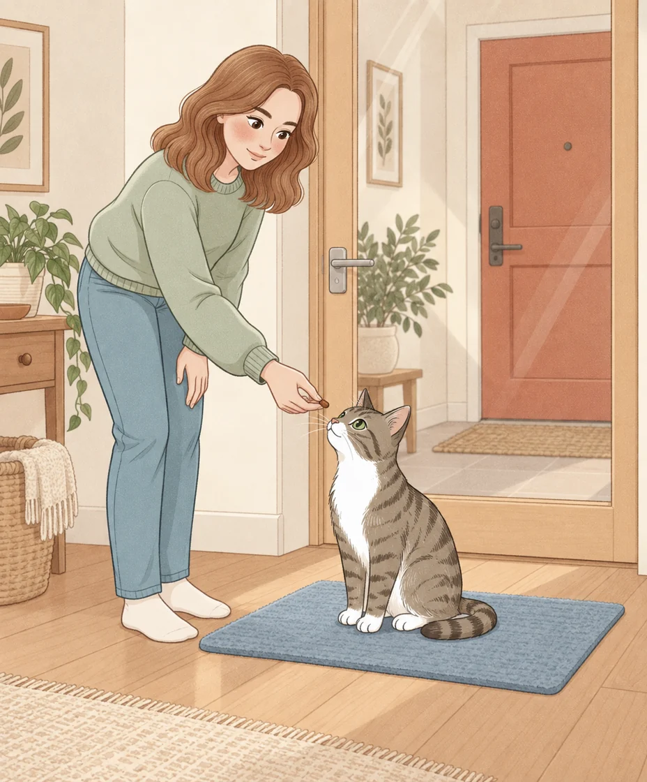 A tabby receives a reward on a blue mat beside a closed glazed inner door, with a closed terracotta front door beyond it.