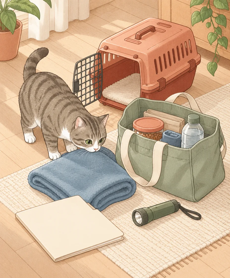 A tabby sniffs a folded blue blanket beside a packed sage tote, a flashlight and an open terracotta cat carrier.