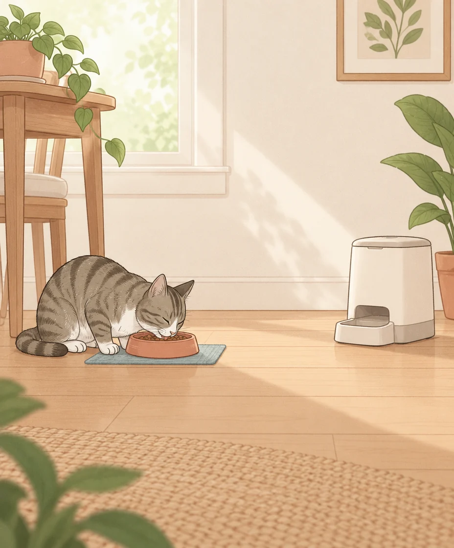 A tabby eats from a terracotta bowl on a blue mat, with an unused automatic feeder farther across the floor.