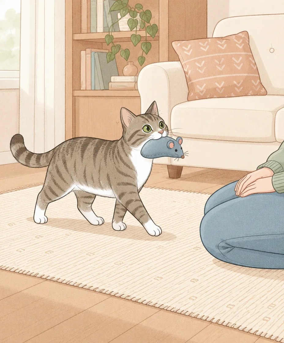 A tabby walks across a rug carrying a blue fabric mouse toward a seated person whose hands rest on their lap.
