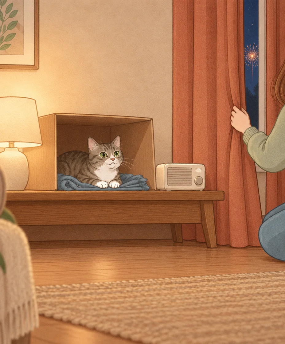 A tabby rests in an open cardboard hideaway beside a small radio while a person draws a curtain across a window with a distant firework outside.