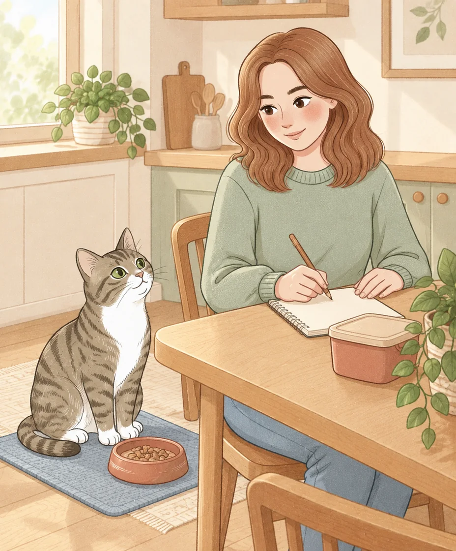 A tabby sits beside a food bowl on a blue mat while a woman writes in a notebook at the kitchen table.