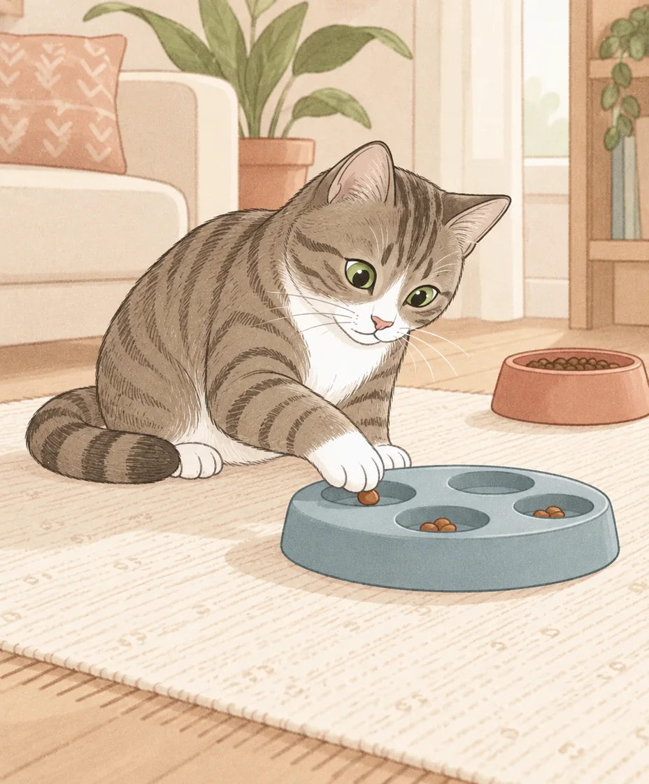 A tabby reaches into a shallow blue food-puzzle tray while a regular food bowl sits nearby.