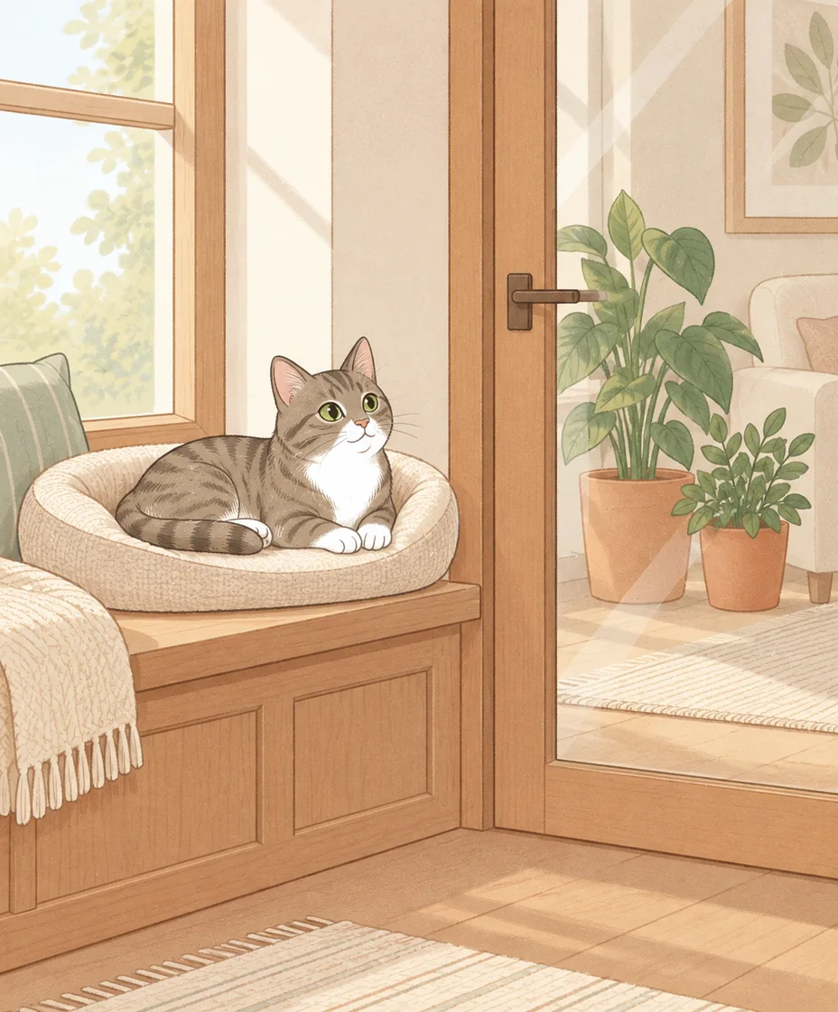 A tabby rests in a cream bed on a sunny window bench, with houseplants separated behind a closed glass door.