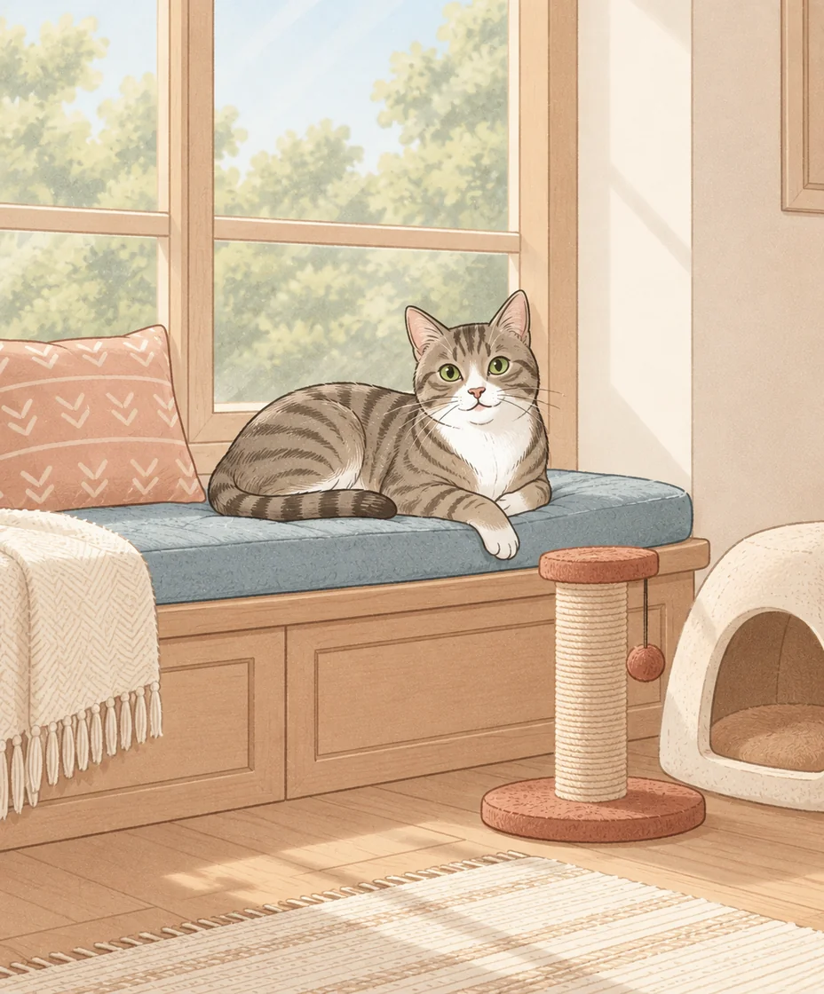 A relaxed tabby rests on a blue window-bench cushion beside a closed window, a scratching post and a cream hideaway.