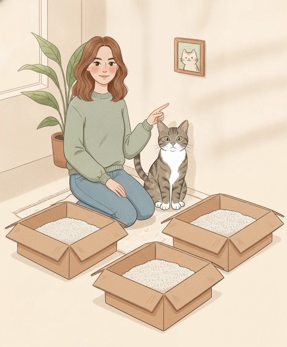 A woman kneels beside three open, uncovered trays of litter and points to them while a grey-brown tabby with a white chest and paws sits next to her.