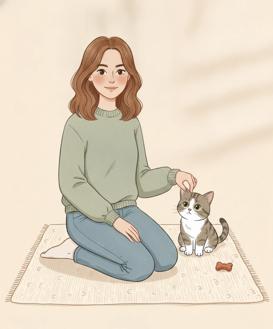 A woman kneels on a rug and gently touches the ear of a small grey-brown tabby kitten with a white chest and paws, with a treat on the rug beside them.