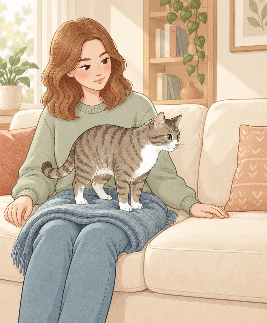 A tabby stands on a blue blanket across a seated woman’s lap while her hands rest on the sofa, leaving an open cushion beside them.
