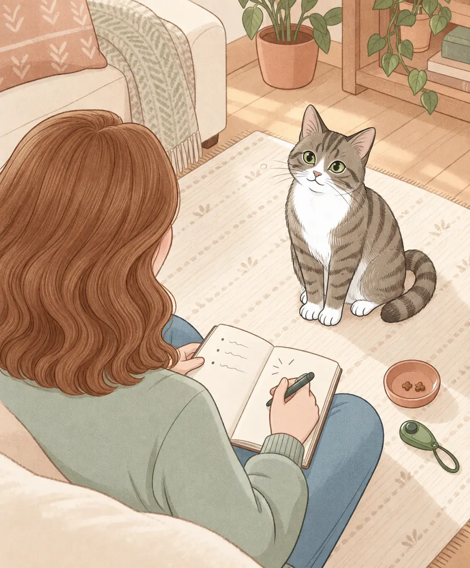 Seen over a woman’s shoulder, a seated tabby waits while she makes a small note in a notebook.