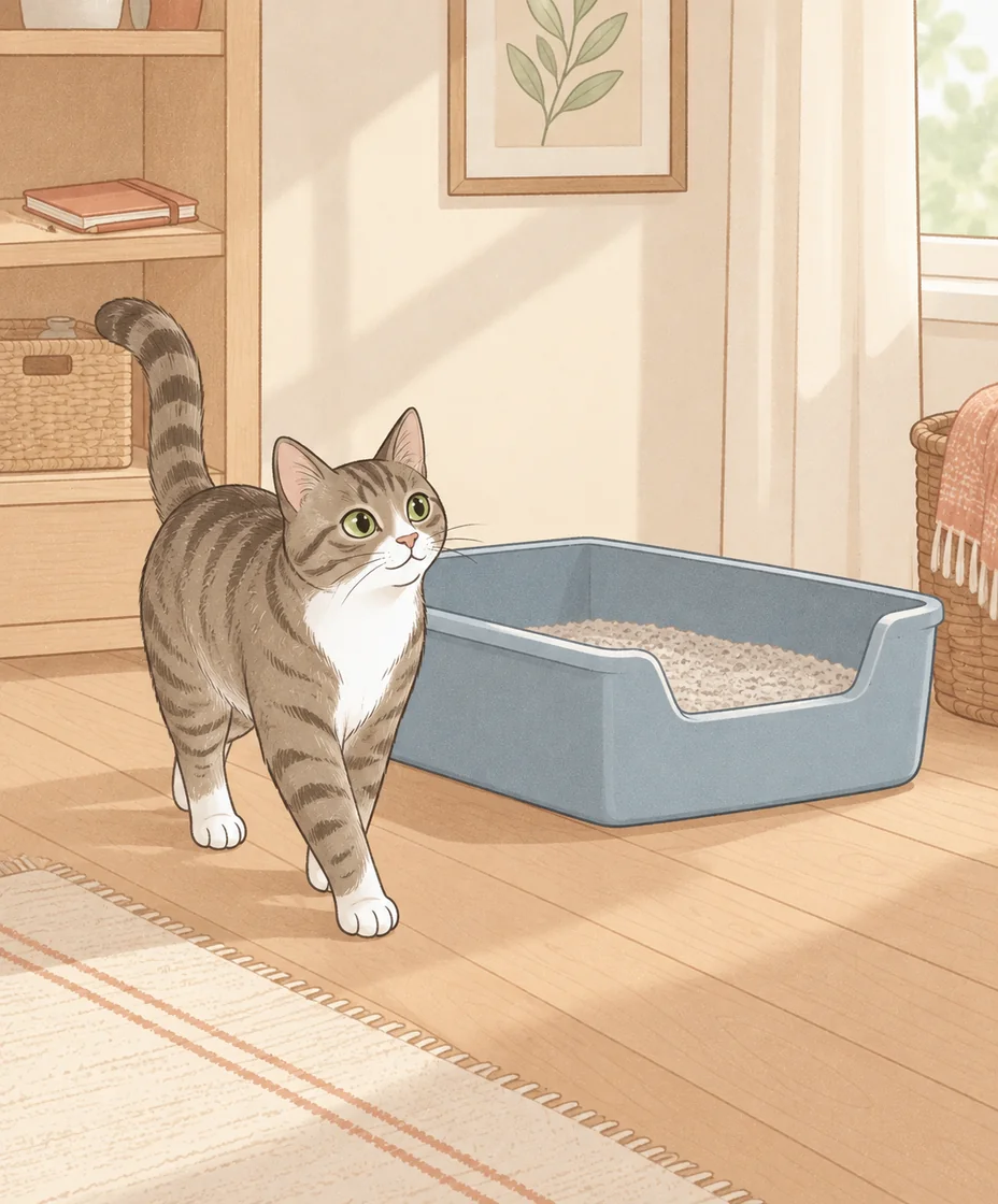 A tabby walks past a clean, open blue litter tray with a low entrance in a quiet room.