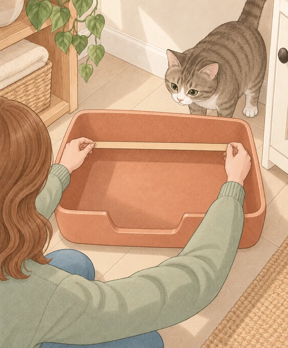 A woman holds a wooden measuring stick along the inside of an empty terracotta litter tray while a tabby watches from outside it.