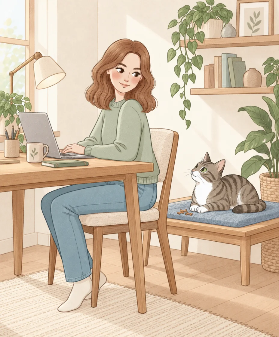 A brown tabby rests on a blue mat beside a desk while a person uses a laptop, with a few treats by the cat’s paws.