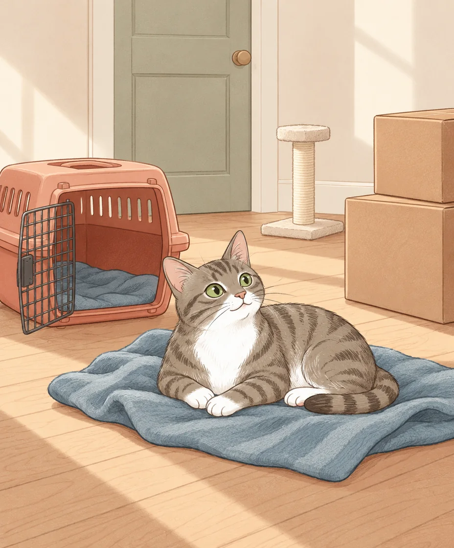 A tabby with white paws rests on a blue blanket beside an open terracotta carrier and closed moving boxes.
