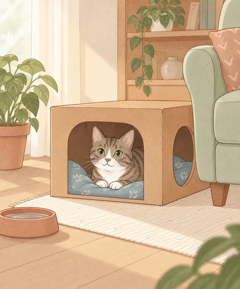 A tabby with white paws rests on blue bedding inside an open cardboard hideaway beside a sage sofa.