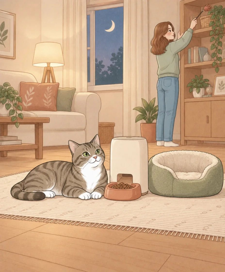 A relaxed tabby rests beside an automatic feeder and sage cat bed in a softly lit living room, with a woman putting a wand toy away in the background.