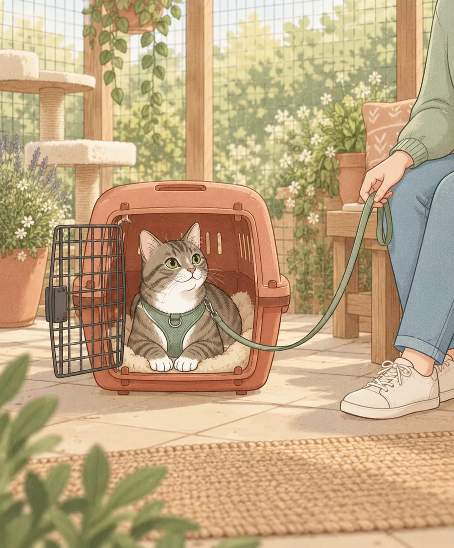 A tabby wearing a sage harness rests inside an open terracotta carrier in an enclosed catio, with a loose leash held by a seated person.