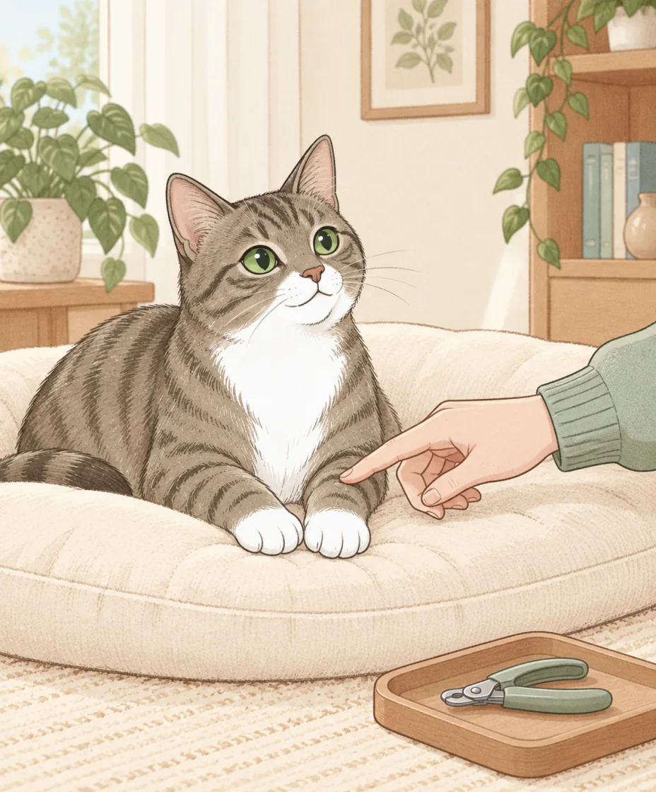 A relaxed brown tabby rests both front paws on a cream cushion as one finger gently touches its foreleg above the paw; unused nail clippers sit on a tray nearby.
