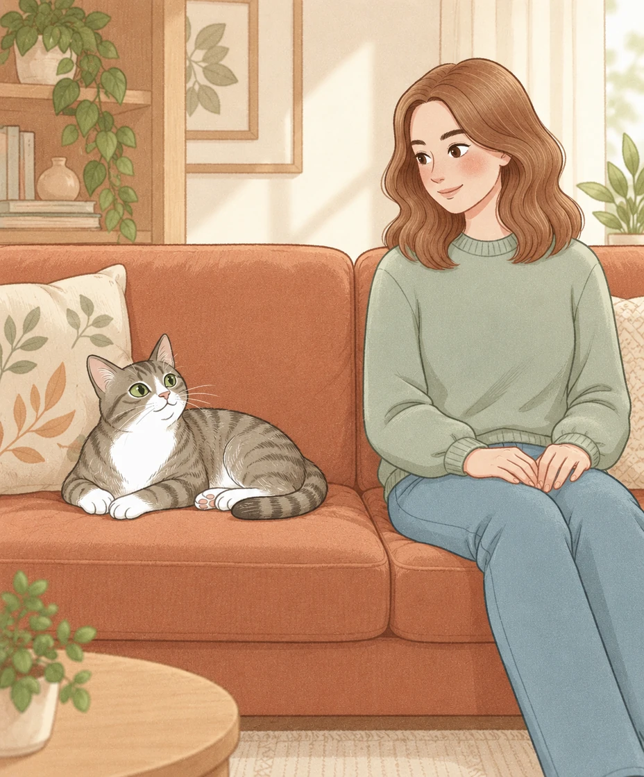 A tabby rests beside a seated person who has paused petting with both hands on their own lap.