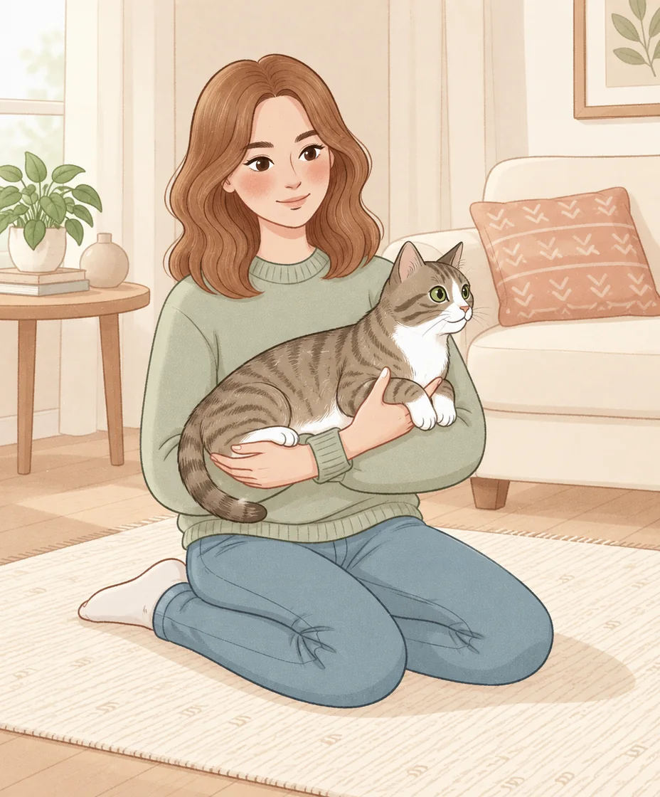 A seated woman supports a relaxed tabby’s chest and hindquarters with both arms in a brief hold close to her lap.
