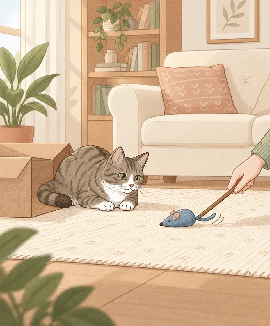 A tabby crouches beside a cardboard box, watching a blue toy mouse attached to a wand held by a sage-sleeved hand.