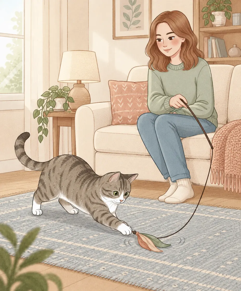 A tabby reaches toward a fabric wand lure on the floor while a woman controls the rod from the sofa.