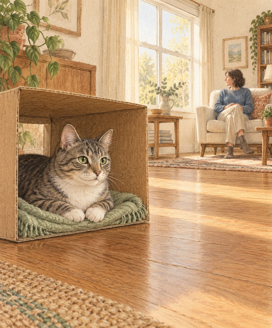 A tabby rests in an open hiding place while a visitor sits at a distance with their hands on their lap.