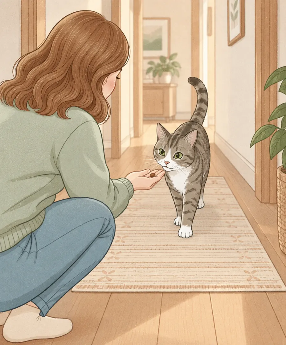 A tabby walks down a familiar hallway toward a crouched woman offering a small reward.