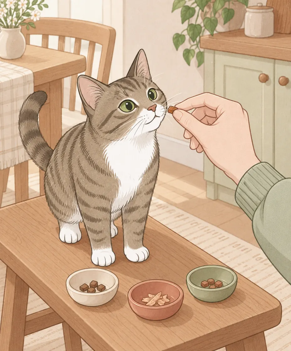 A tabby cat sniffs a small treat offered beside three ceramic dishes of different food rewards.