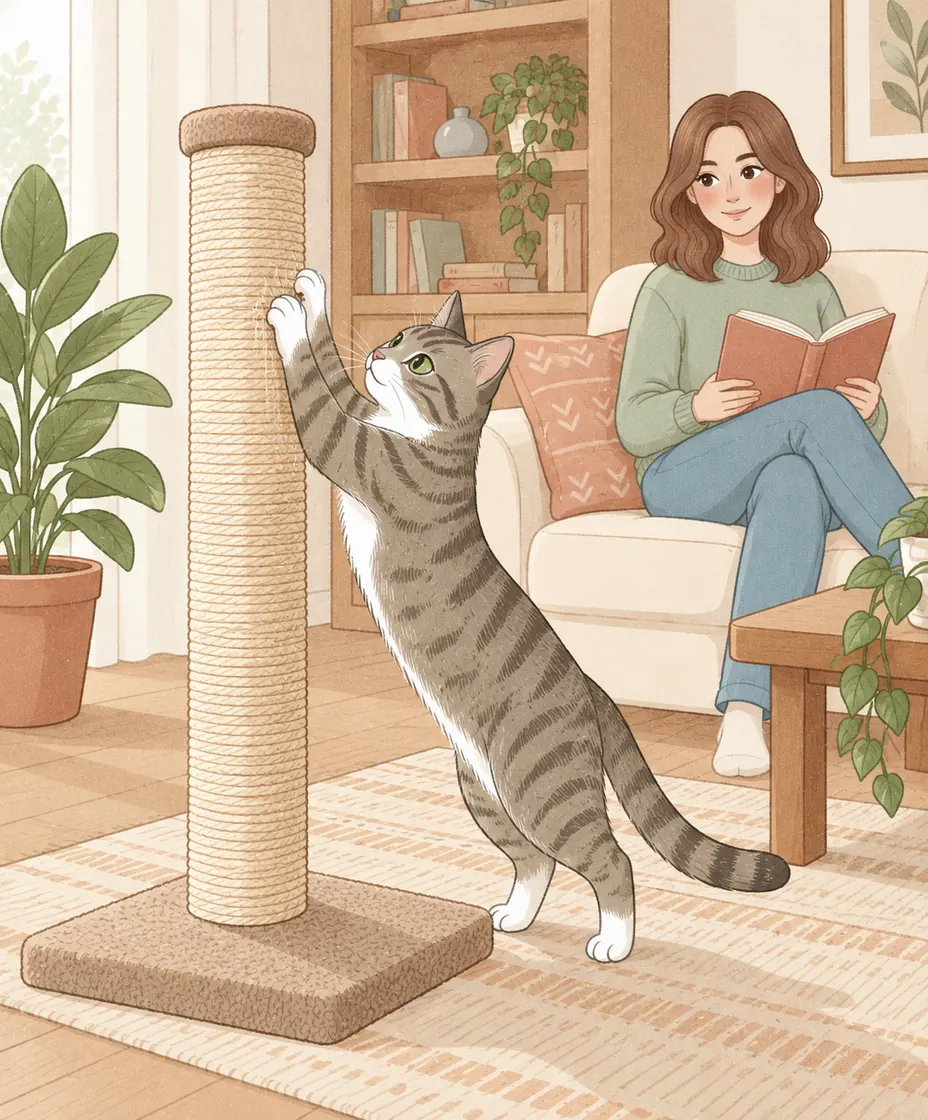 A tabby stretches and scratches a tall sisal post beside a sofa while a woman reads nearby.