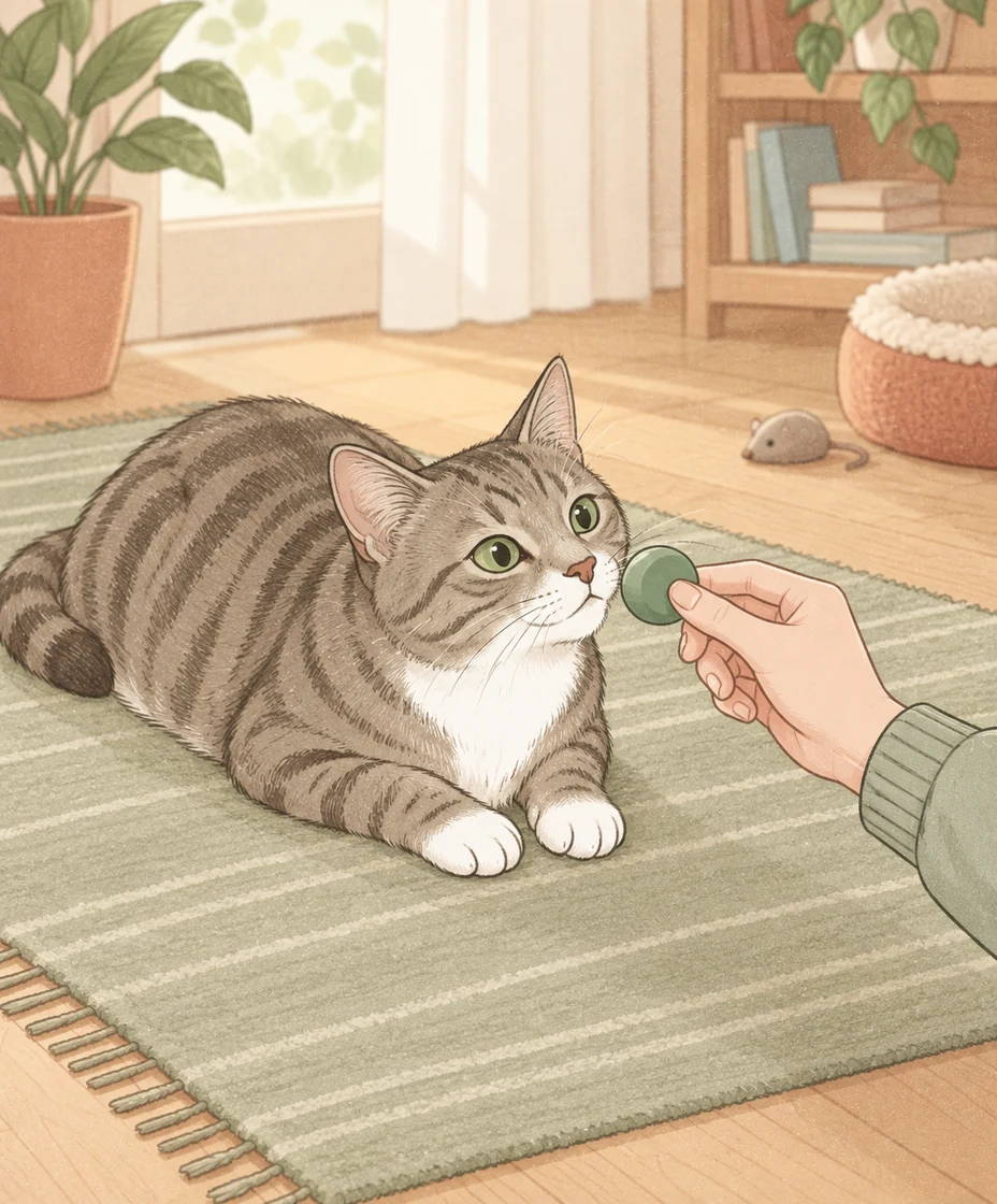 A mature tabby rests with its paws on a sage rug and sniffs a rounded green target held near its nose.
