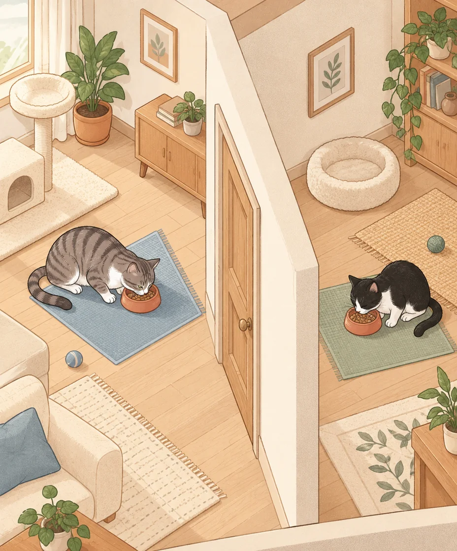 A tabby and a black-and-white cat eat from their own bowls in two comfortable rooms separated by a wall and closed door.