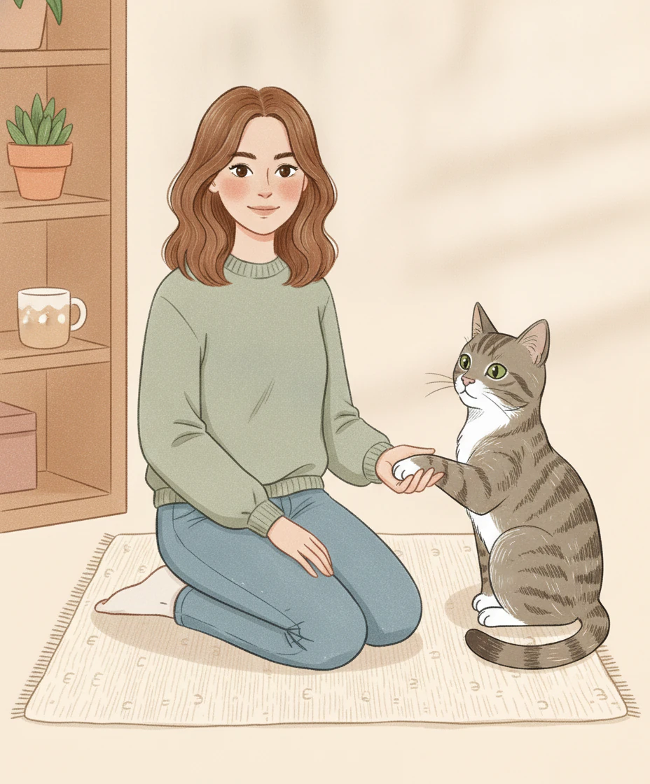 A grey-brown tabby sits on a rug and rests one white paw in a person’s open, upturned palm.