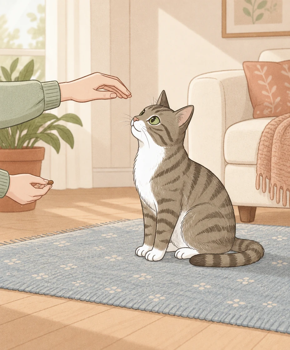 A seated tabby watches a low hand signal while keeping its front paws on the rug.