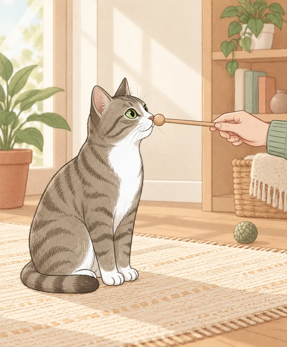 A tabby gently touches the rounded end of a wooden target stick with its nose on a sunlit rug.
