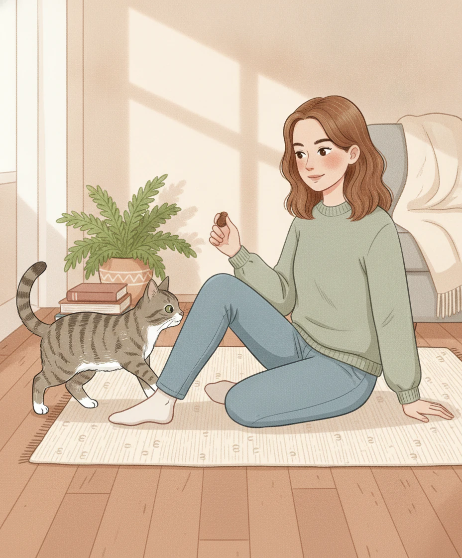 A grey-brown tabby with white paws walks toward a woman sitting on a rug with one knee raised, holding a treat ready to lure them under it.