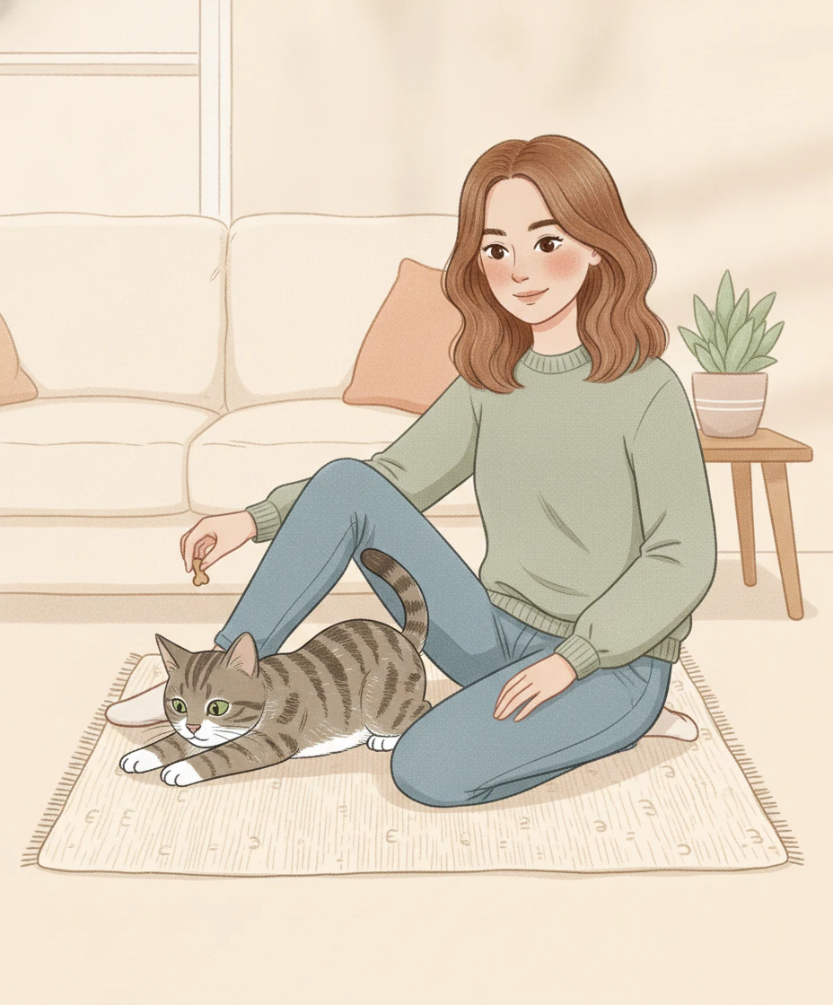 A grey-brown tabby with white paws lies down on a rug while a woman sitting beside them holds a treat just above their head.