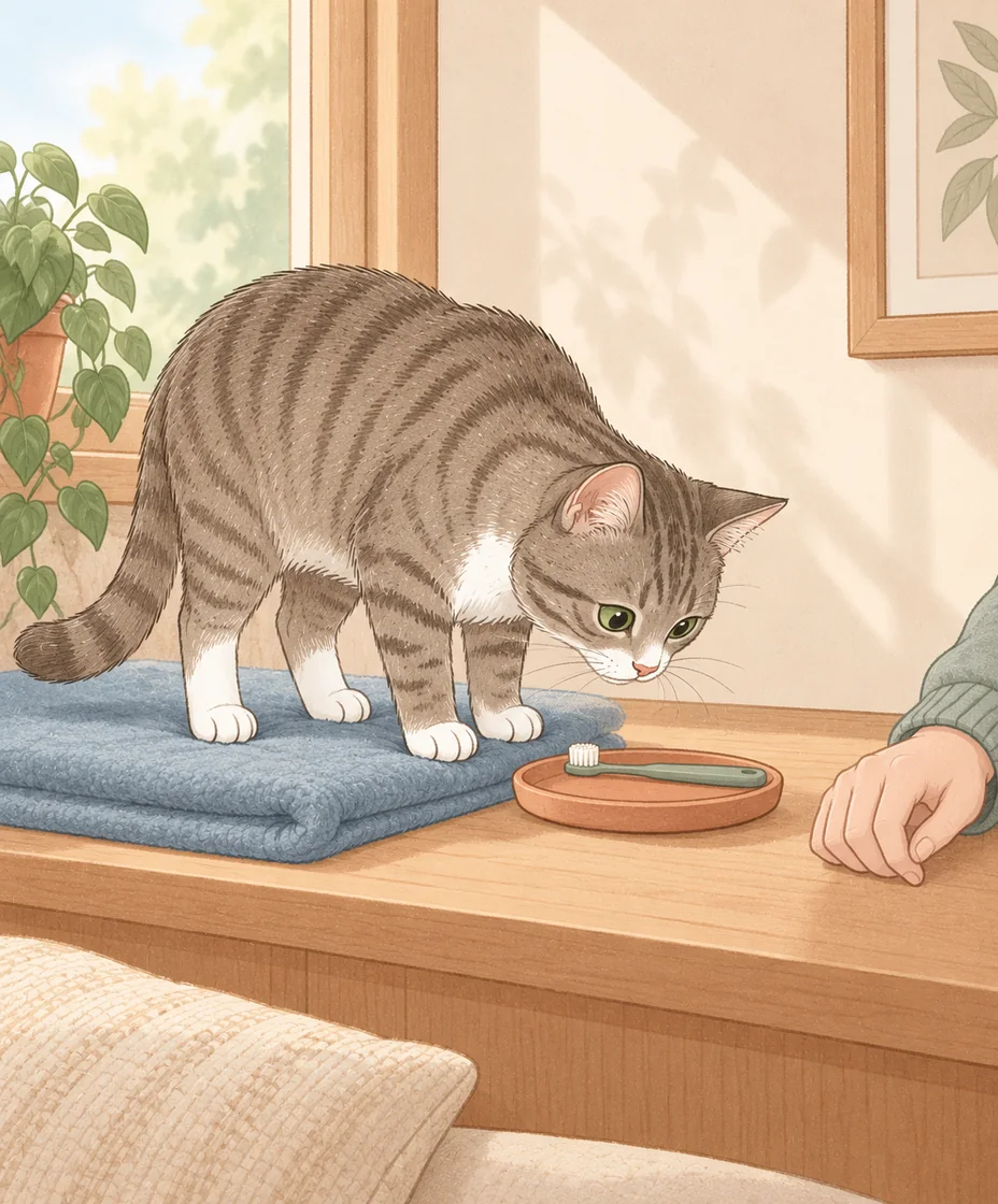 A tabby stands freely on a blue fleece and looks toward a small toothbrush on a terracotta saucer, with a relaxed human hand resting nearby.