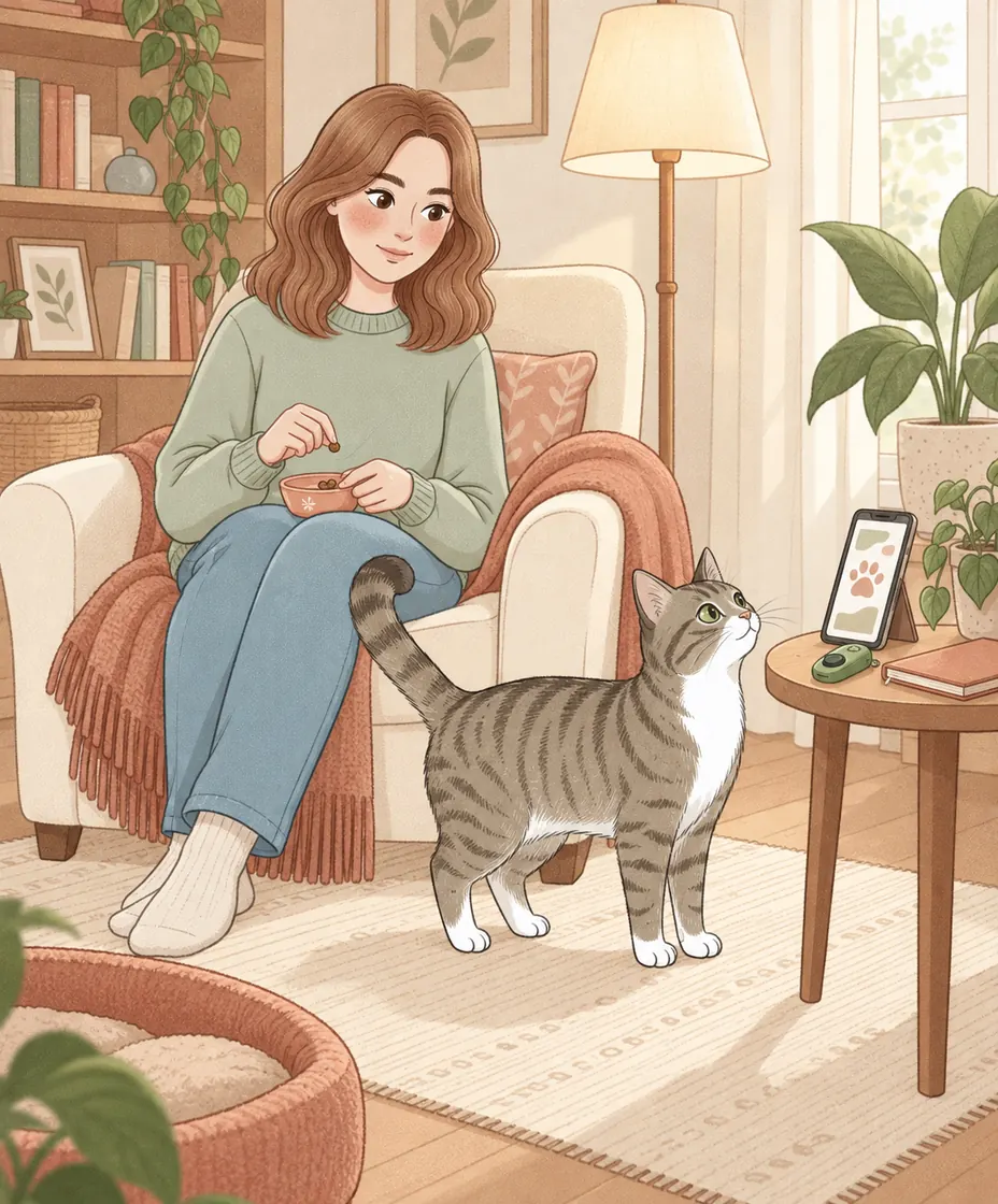 A tabby looks at a phone propped beside a notebook and clicker while a woman prepares a short training session.