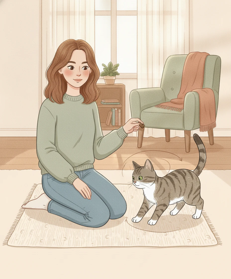 A grey-brown tabby turns a circle on a rug, following a treat held by a kneeling woman.